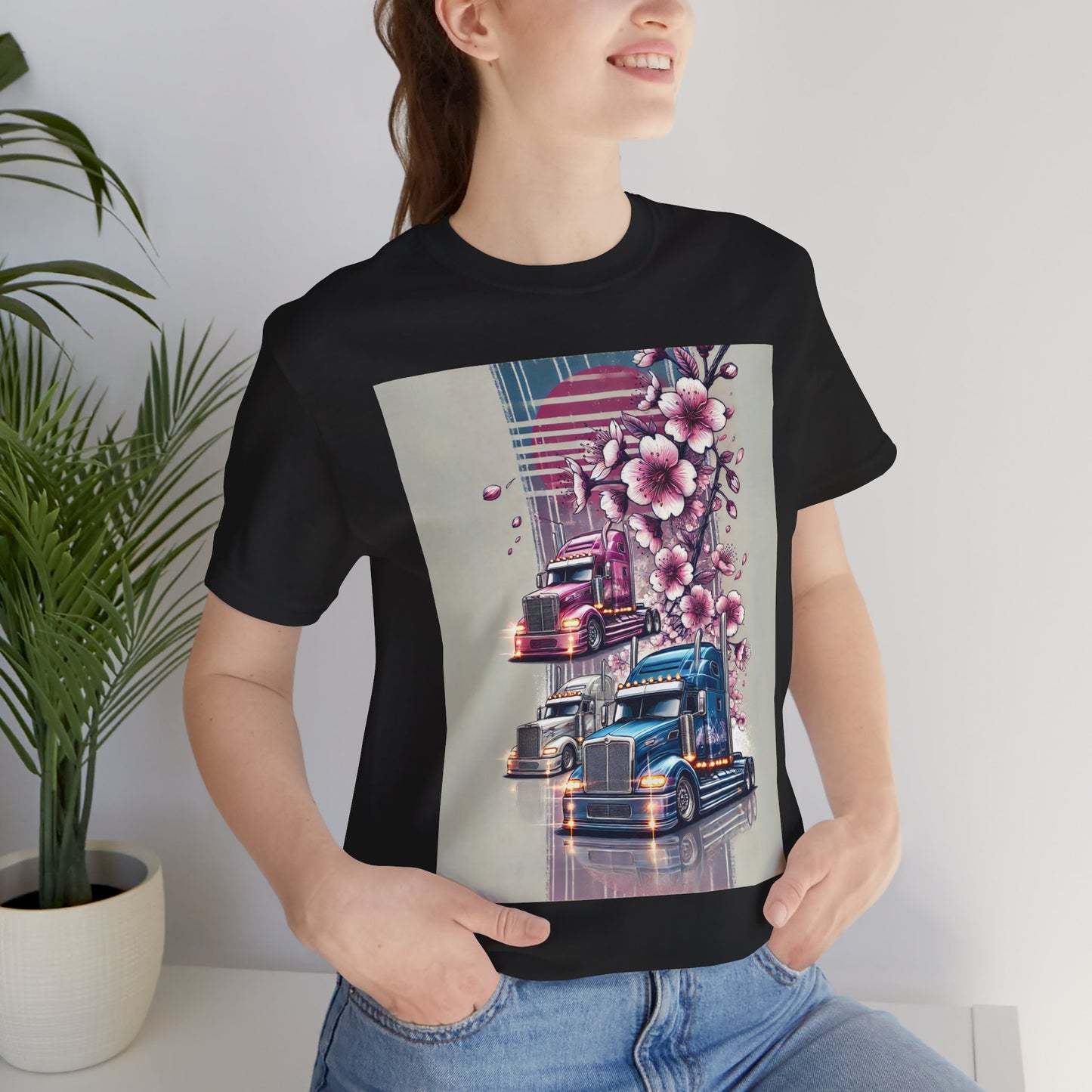 Cherry Blossom Convoy T-Shirt | Japanese Sakura x Modern Truck Art | Unique Graphic Tee for Drivers & Streetwear Lovers No.004