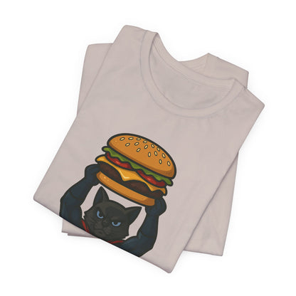 Superhero Cat Holding Cheeseburger T-Shirt - Funny Comic Style Tee for Burger Lovers - Unique Hero Cat Graphic Shirt - Unisex Gift