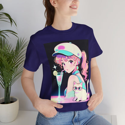 Retro Girl and Cat T Shirt Vaporwave Pastel Anime Shoujo Graphic Tee Neon Cocktail Aesthetic Kawaii Gift for Daughter or Dad Casual Streetwear