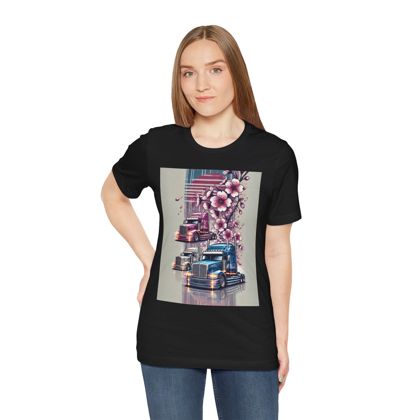 Cherry Blossom Convoy T-Shirt | Japanese Sakura x Modern Truck Art | Unique Graphic Tee for Drivers & Streetwear Lovers No.004