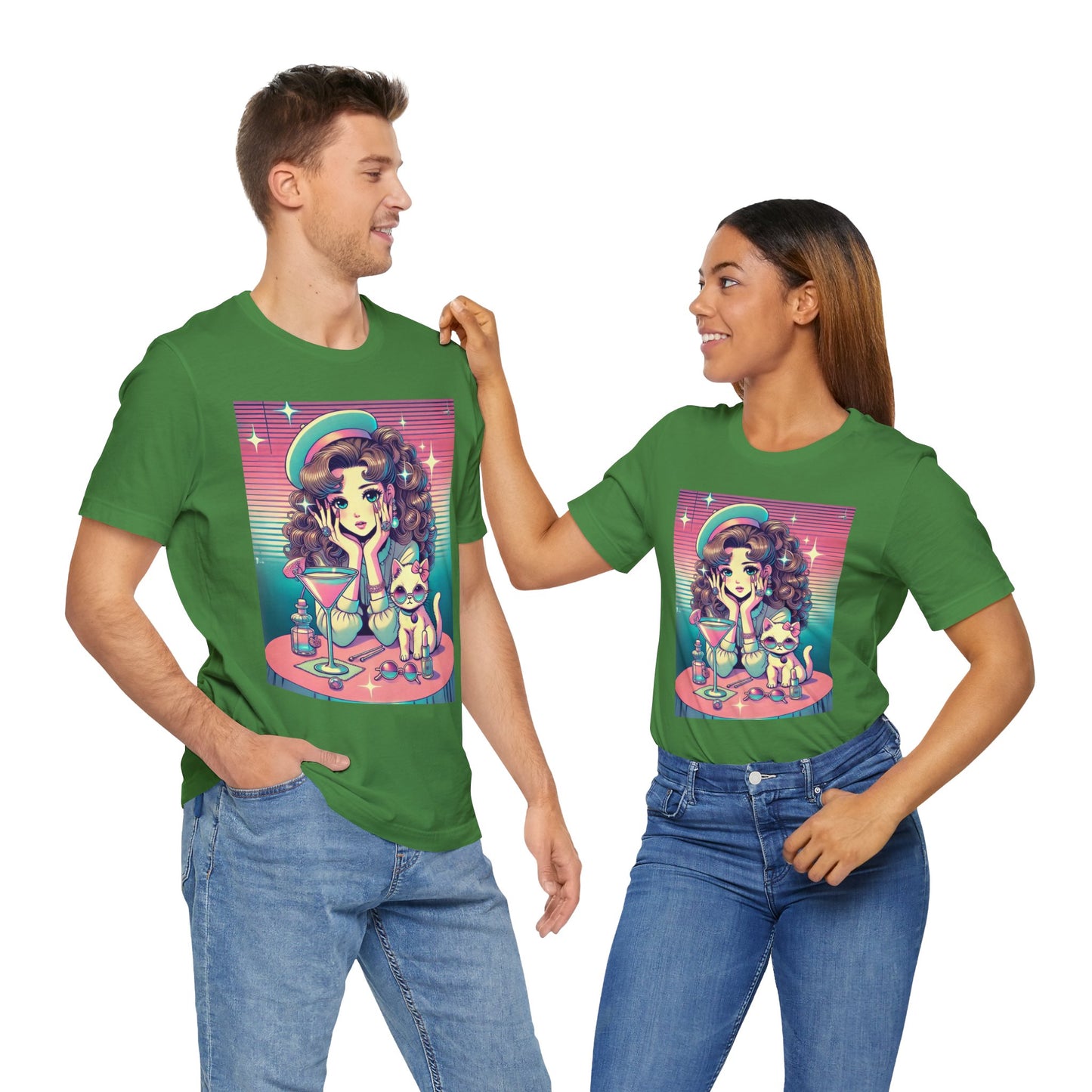 Retro Girl and Cat Graphic Tee Vaporwave Pastel Aesthetic Cocktail Lounge 80s Inspired Shoujo Style T Shirt Gift for Daughter or Dad