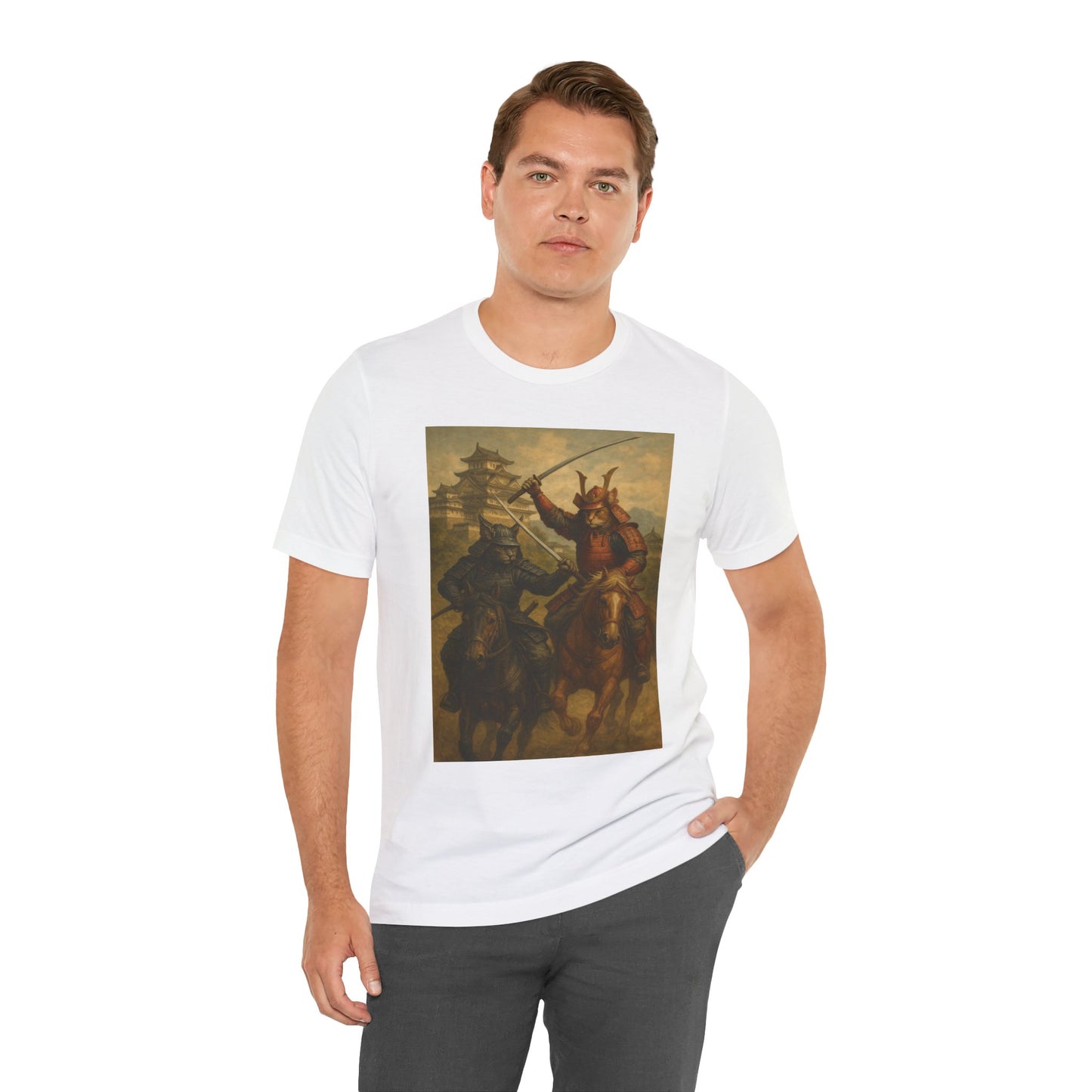 Epic Cat Samurai Battle Tee - War Horses Clash in Front of Japanese Castle  Feline Warrior Art Shirt for Fantasy & Japan Lovers