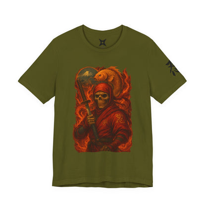 Dark Red Ninja Skull T-Shirt -Japanese Horror Art, Skeleton Ninja with Golden Koi, High-Detail Gothic Warrior Tee, Unisex Streetwear