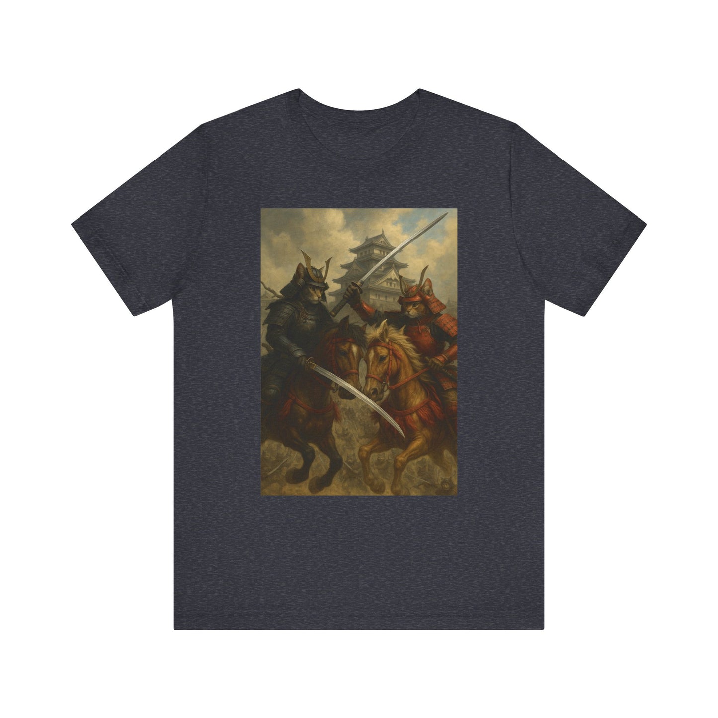 Epic Cat Samurai Battle Tee - War Horses Clash in Front of Japanese Castle  Feline Warrior Art Shirt for Fantasy & Japan Lovers