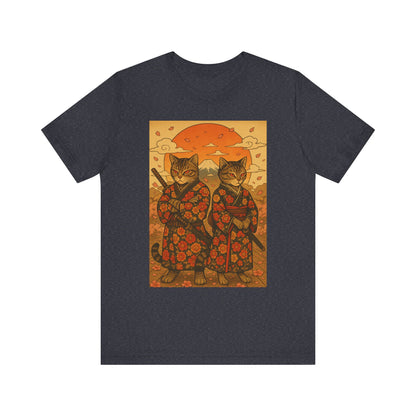 Samurai Cat T-Shirt - Floral Kimono Warrior with Katana | Japanese Ukiyo-e Style, Cherry Blossoms & Mount Fuji | Bold Cat Art Tee