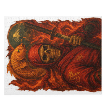 Dark Ninja Skull Puzzle-Gothic Japanese Horror Art, Golden Koi & Fire, High-Detail Mystery Warrior Jigsaw for Adults, Unique Gift Idea