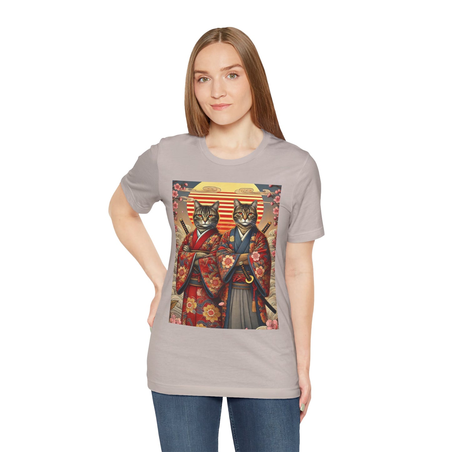 Samurai Cat T-Shirt - Floral Kimono Warrior with Katana | Japanese Ukiyo-e Style, Cherry Blossoms & Mount Fuji | Bold Cat Art Tee