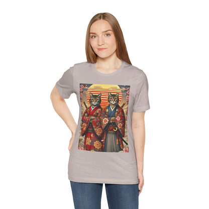 Samurai Cat T-Shirt - Floral Kimono Warrior with Katana | Japanese Ukiyo-e Style, Cherry Blossoms & Mount Fuji | Bold Cat Art Tee