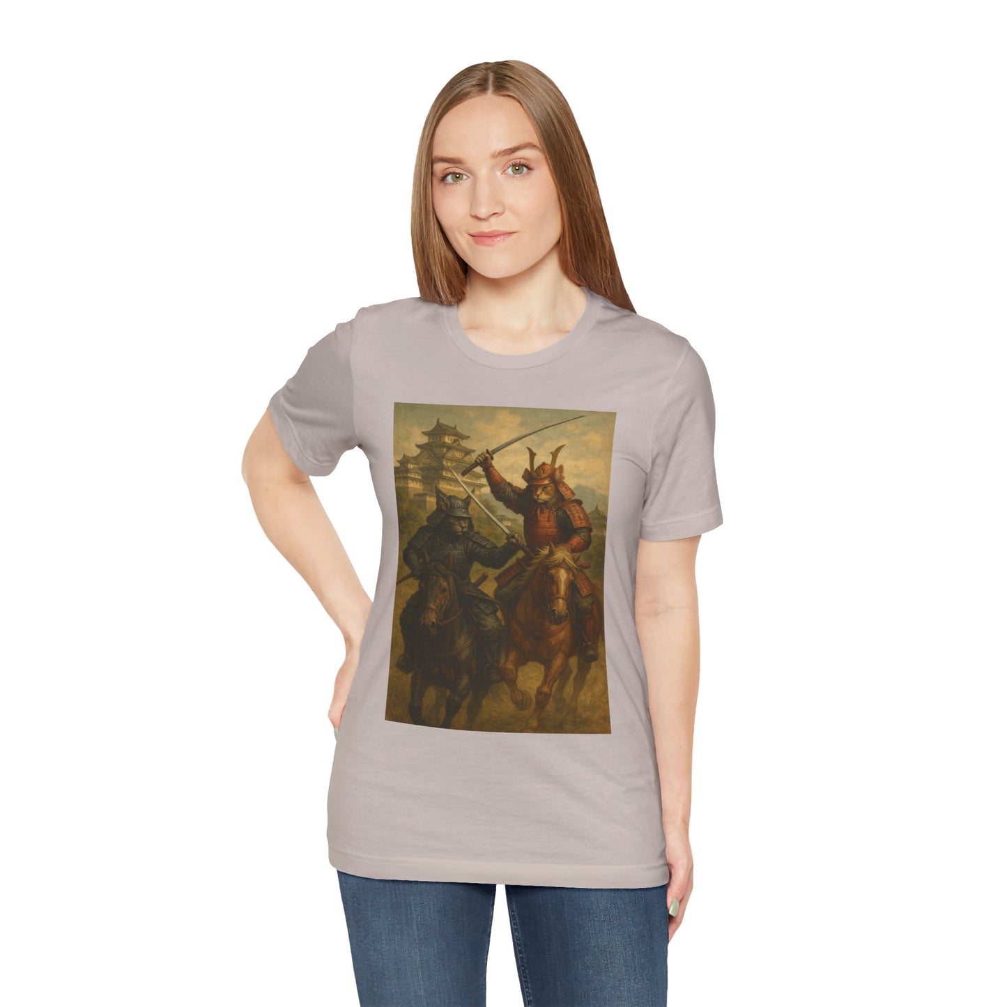 Epic Cat Samurai Battle Tee - War Horses Clash in Front of Japanese Castle  Feline Warrior Art Shirt for Fantasy & Japan Lovers