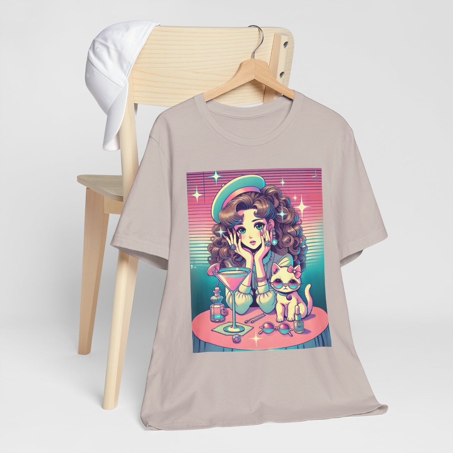 Retro Girl and Cat Graphic Tee Vaporwave Pastel Aesthetic Cocktail Lounge 80s Inspired Shoujo Style T Shirt Gift for Daughter or Dad