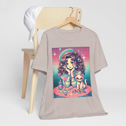 Retro Girl and Cat Graphic Tee Vaporwave Pastel Aesthetic Cocktail Lounge 80s Inspired Shoujo Style T Shirt Gift for Daughter or Dad