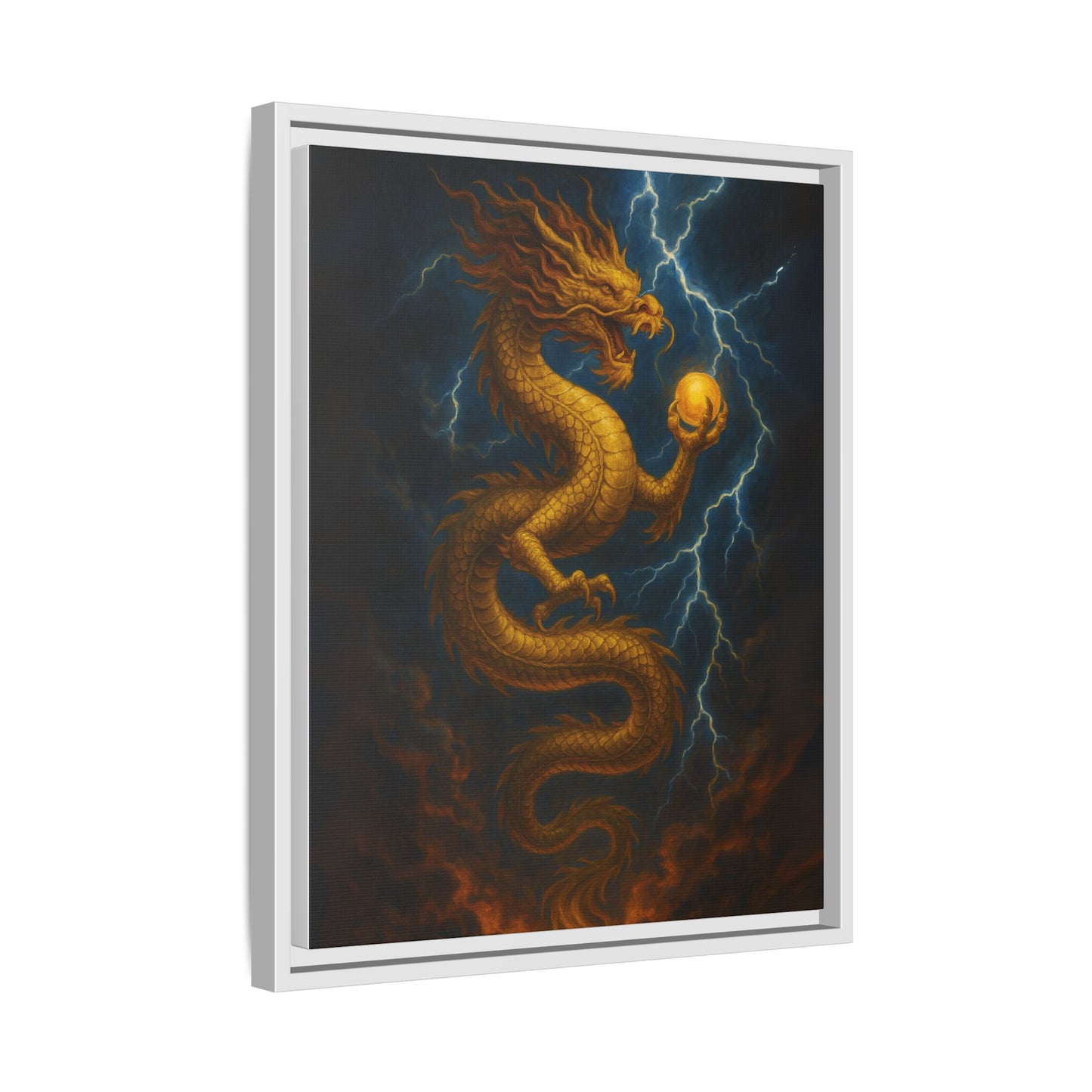Golden Dragon Canvas Feng Shui Wall Art Lightning Storm Dragon with Pearl Good Luck Decor Gift for Dad Office Living Room