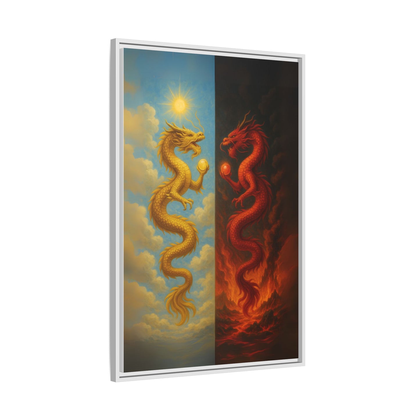 Heaven and Hell Twin Dragons Canvas Feng Shui Wall Art Gold and Red Dragon Pearls Sun and Fire Yin Yang Good Luck Decor Gift for Dad