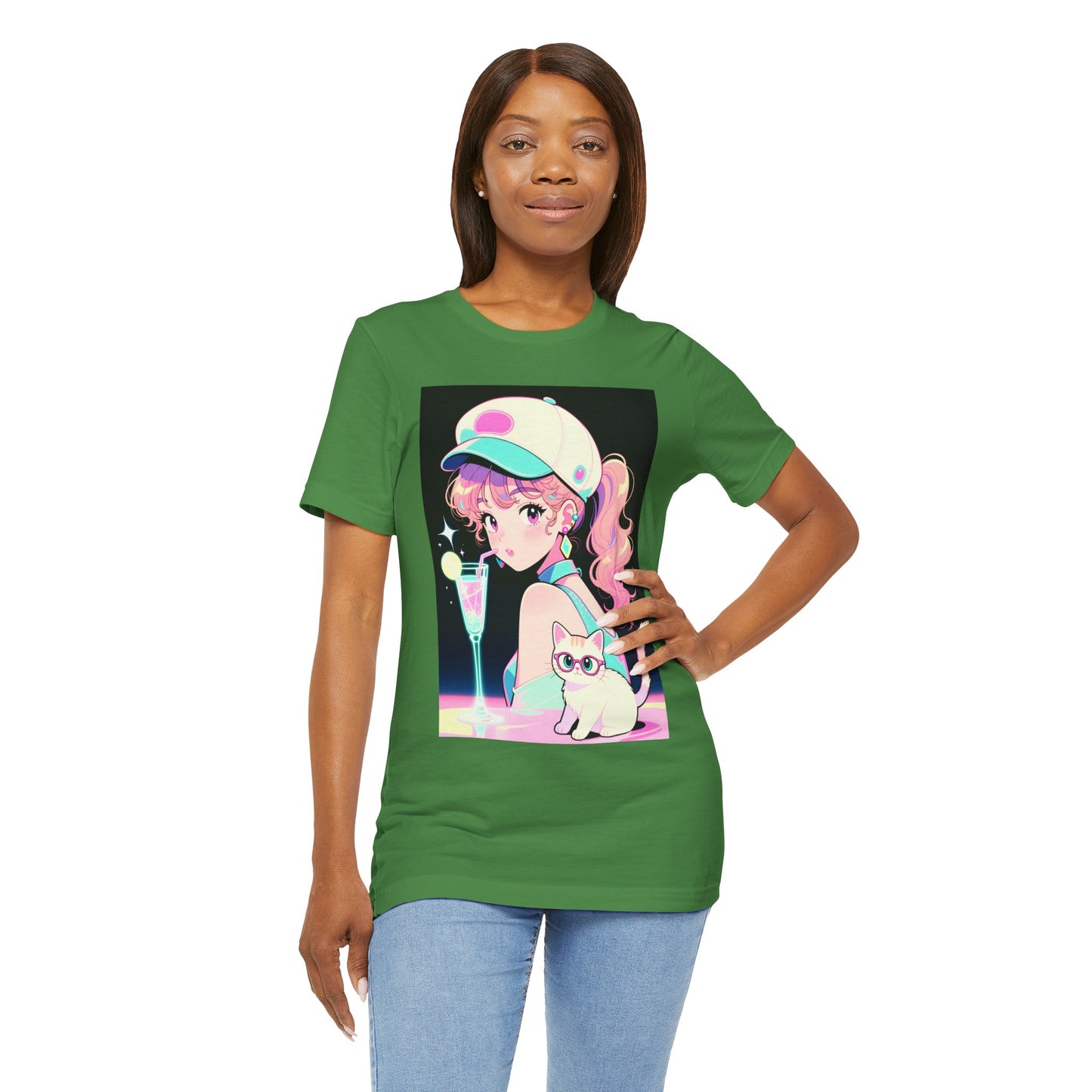 Retro Girl and Cat T Shirt Vaporwave Pastel Anime Shoujo Graphic Tee Neon Cocktail Aesthetic Kawaii Gift for Daughter or Dad Casual Streetwear