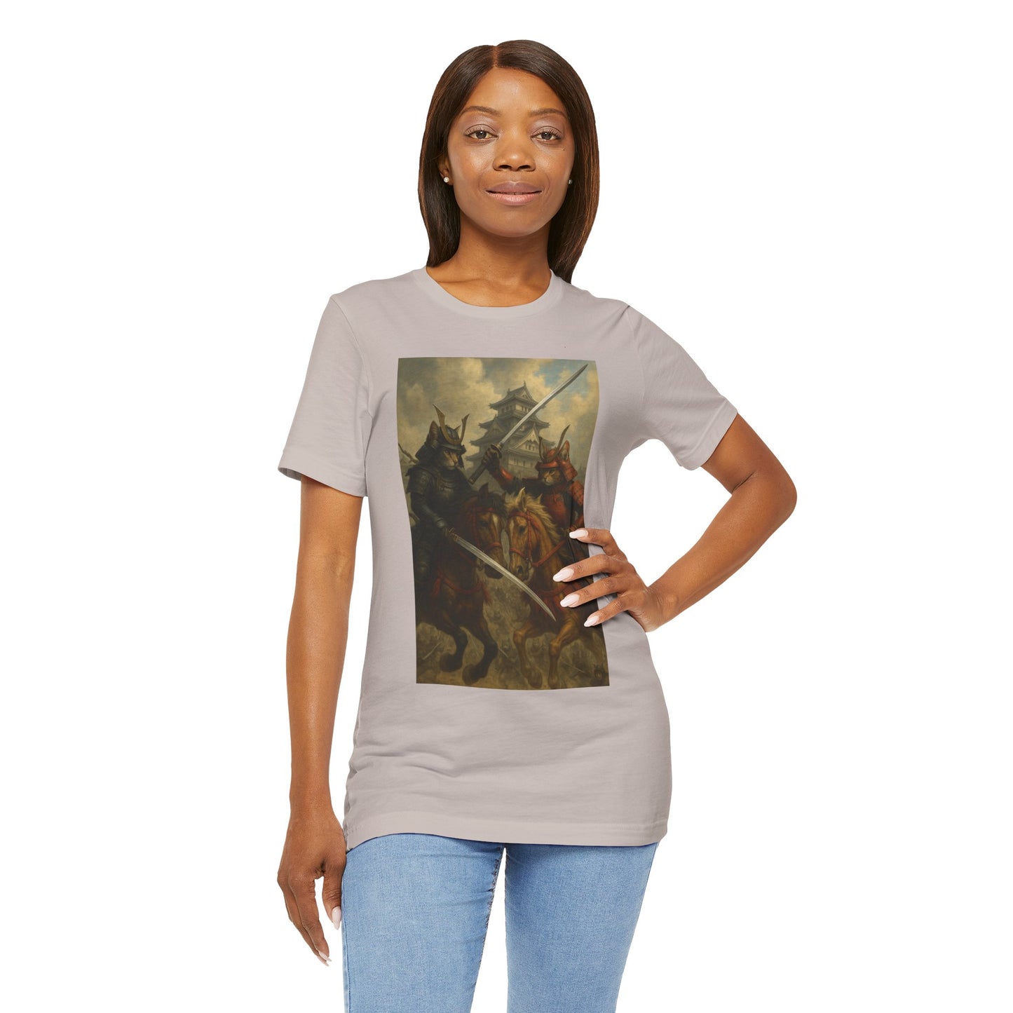 Epic Cat Samurai Battle Tee - War Horses Clash in Front of Japanese Castle  Feline Warrior Art Shirt for Fantasy & Japan Lovers