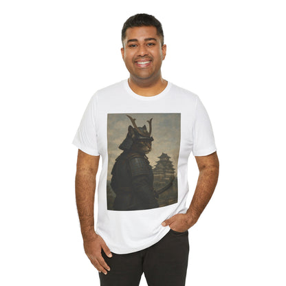 Cat Samurai Vigil Tee | Armored Feline Warrior w/ Castle Backdrop | Japanese Art Unisex Shirt
