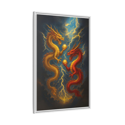 Golden and Red Twin Dragons Canvas Feng Shui Wall Art Lightning Storm Dragon Pearl Good Luck Decor Gift for Dad Living Room