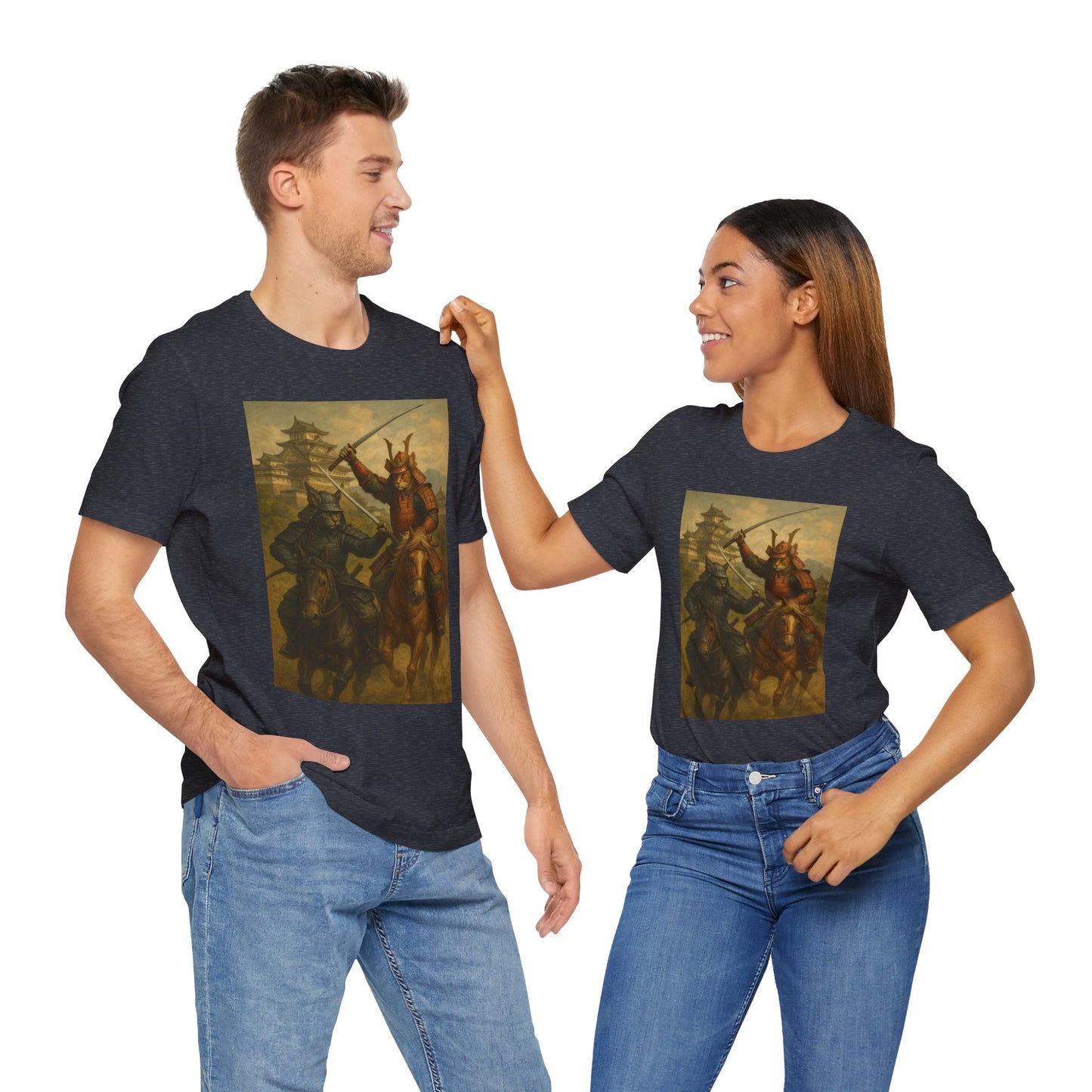 Epic Cat Samurai Battle Tee - War Horses Clash in Front of Japanese Castle  Feline Warrior Art Shirt for Fantasy & Japan Lovers