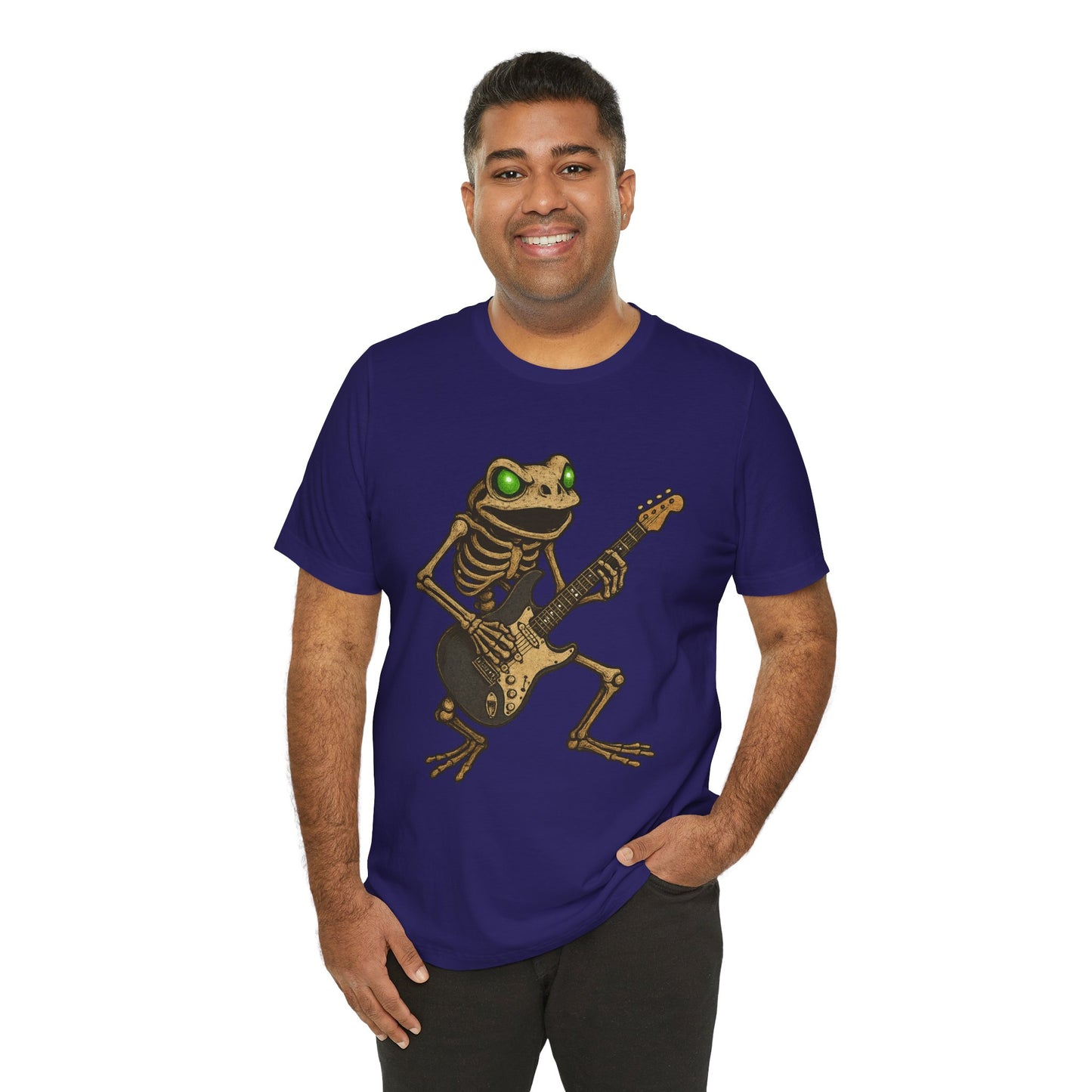 Skeleton Frog Shredding Electric Guitar Tee - Glowing Green Eyes Rock Art Shirt for Musicians Frog Lovers and Gothic Punk Style