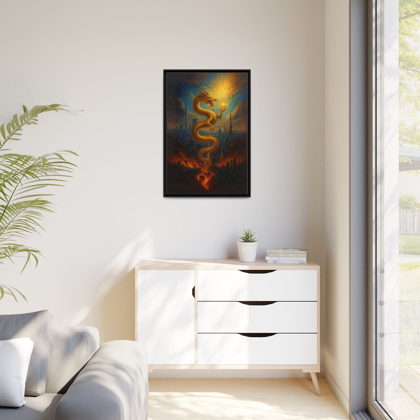 Neo Tokyo Golden Dragon Canvas Wall Art Japan Inspired Skyline Painting Feng Shui Good Luck Decor Dragon Pearl Gift for Dad