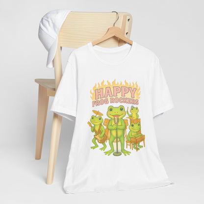 Happy Frog Rockers Album Cover Tee Cute Frog Band Shirt Vocal Guitar Piano Drums Pastel Art Gift for Music Lovers