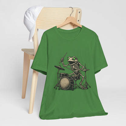 Skeleton Frog Drummer Shirt with Glowing Green Eyes Rock Band Art Tee for Musicians Frog Lovers Halloween and Concert Wear