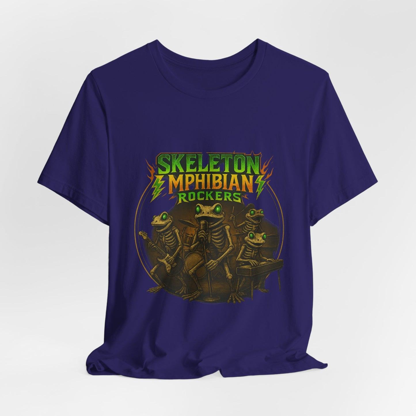 Skeleton Amphibian Rockers Album Cover Tee - Green Eyed Skeleton Frog Band Vocal Guitar Piano Drums Rock Art Shirt