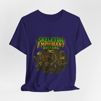 Skeleton Amphibian Rockers Album Cover Tee - Green Eyed Skeleton Frog Band Vocal Guitar Piano Drums Rock Art Shirt