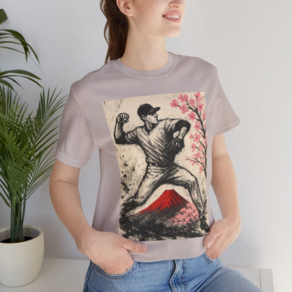 Pro Baseball Pitcher Sumi Ink Art Shirt Fuji Sakura Retro Japanese Print Windup Fastball Tee Japan Inspired Sports Art Gift for Dad