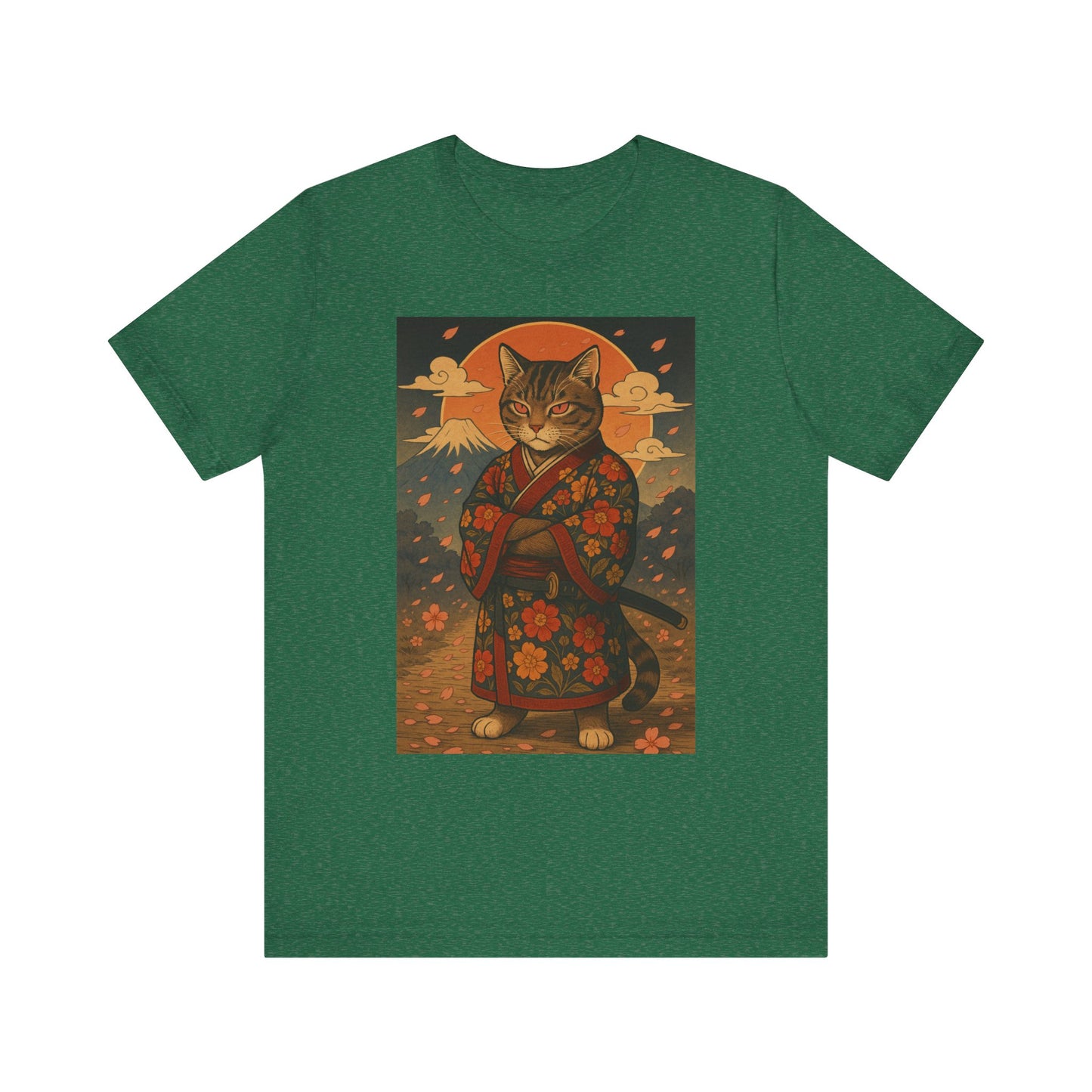 Samurai Cat T-Shirt - Floral Kimono Warrior with Katana | Japanese Ukiyo-e Style, Cherry Blossoms & Mount Fuji | Bold Cat Art Tee