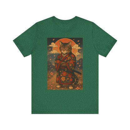 Samurai Cat T-Shirt - Floral Kimono Warrior with Katana | Japanese Ukiyo-e Style, Cherry Blossoms & Mount Fuji | Bold Cat Art Tee