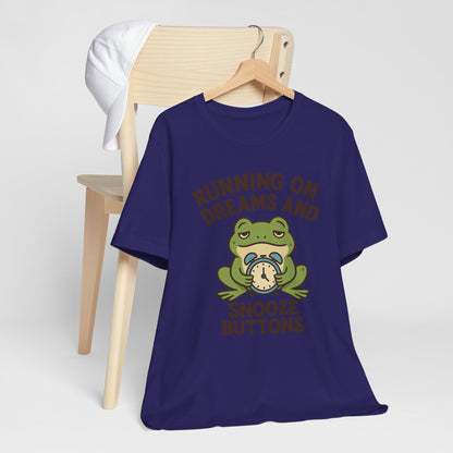 Running on Dreams and Snooze Buttons Shirt Sleepy Frog Tee Funny Night Owl Top Great Dad Gift Cozy Loungewear Aesthetic
