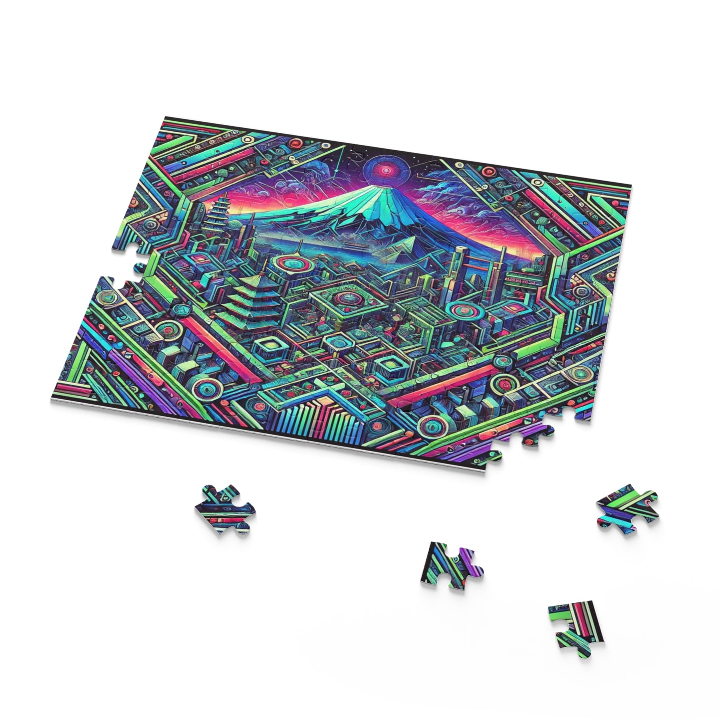Neon x Geometric x Mt. Fuji! A super tricky puzzle with a cool sci-fi vibe-perfect brain workout for adults! 1000+ pieces of fun!