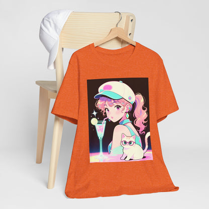 Retro Girl and Cat T Shirt Vaporwave Pastel Anime Shoujo Graphic Tee Neon Cocktail Aesthetic Kawaii Gift for Daughter or Dad Casual Streetwear
