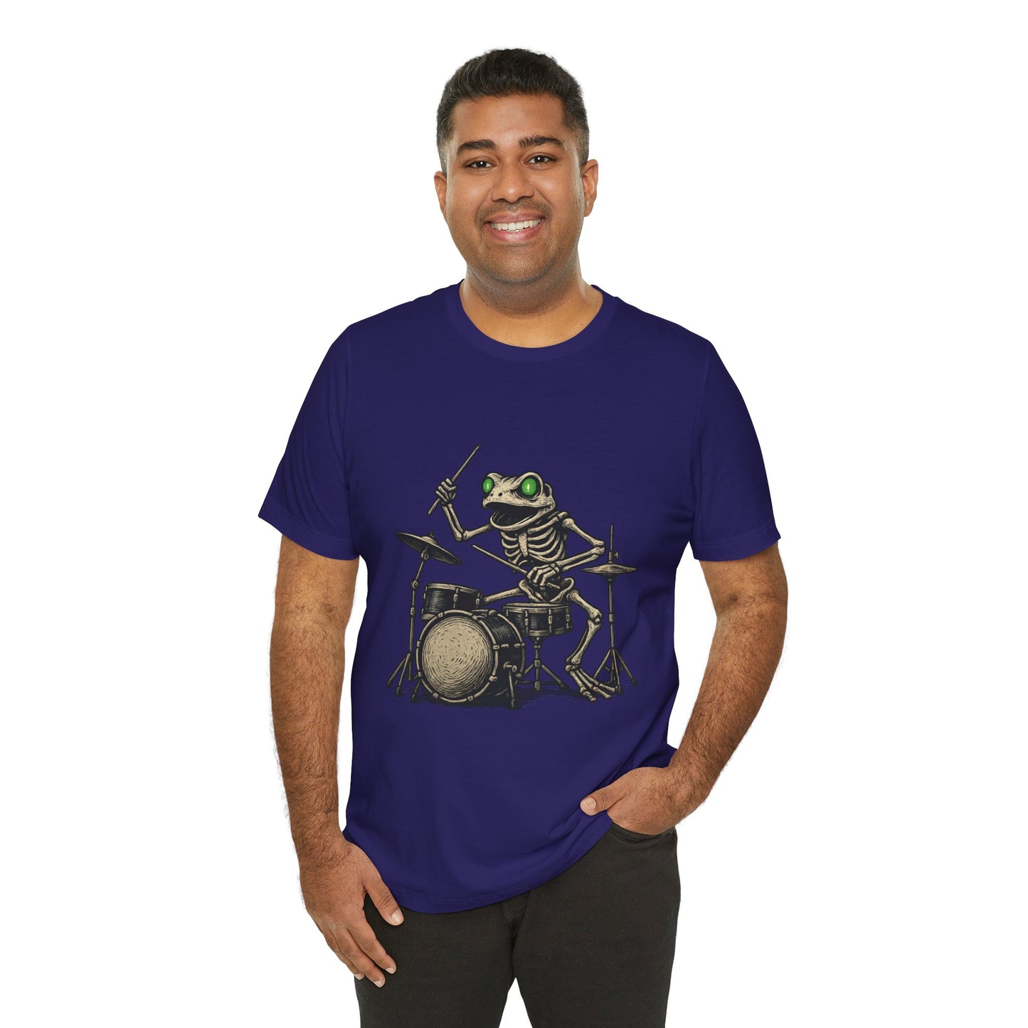 Skeleton Frog Drummer Shirt with Glowing Green Eyes Rock Band Art Tee for Musicians Frog Lovers Halloween and Concert Wear