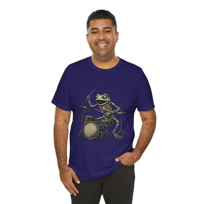 Skeleton Frog Drummer Shirt with Glowing Green Eyes Rock Band Art Tee for Musicians Frog Lovers Halloween and Concert Wear