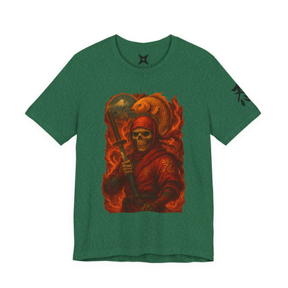 Dark Red Ninja Skull T-Shirt -Japanese Horror Art, Skeleton Ninja with Golden Koi, High-Detail Gothic Warrior Tee, Unisex Streetwear