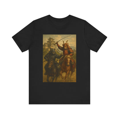 Epic Cat Samurai Battle Tee - War Horses Clash in Front of Japanese Castle  Feline Warrior Art Shirt for Fantasy & Japan Lovers