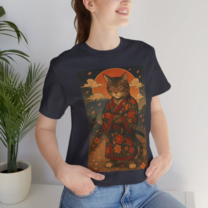 Samurai Cat T-Shirt - Floral Kimono Warrior with Katana | Japanese Ukiyo-e Style, Cherry Blossoms & Mount Fuji | Bold Cat Art Tee