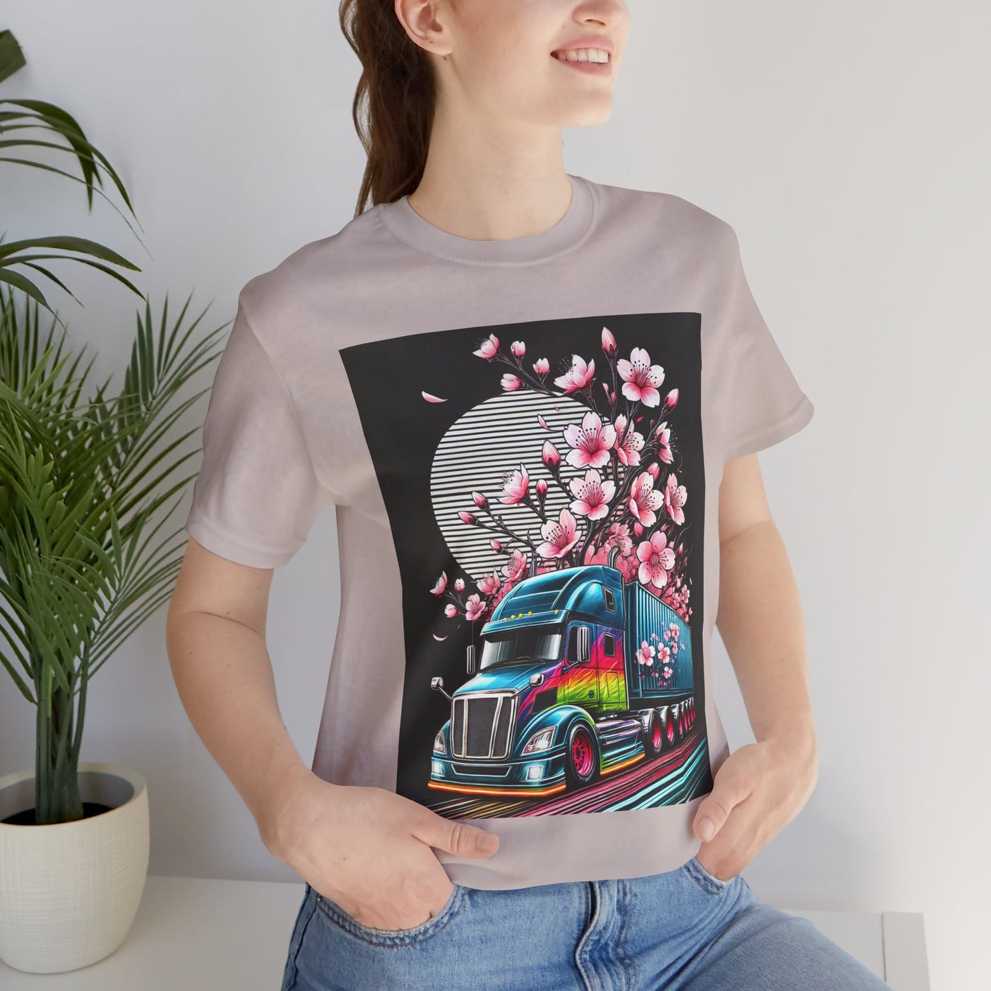 Cherry Blossom Convoy T-Shirt | Japanese Sakura x Modern Truck Art | Unique Graphic Tee for Drivers & Streetwear Lovers No.003