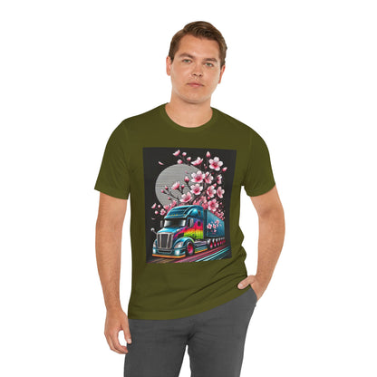Cherry Blossom Convoy T-Shirt | Japanese Sakura x Modern Truck Art | Unique Graphic Tee for Drivers & Streetwear Lovers No.003