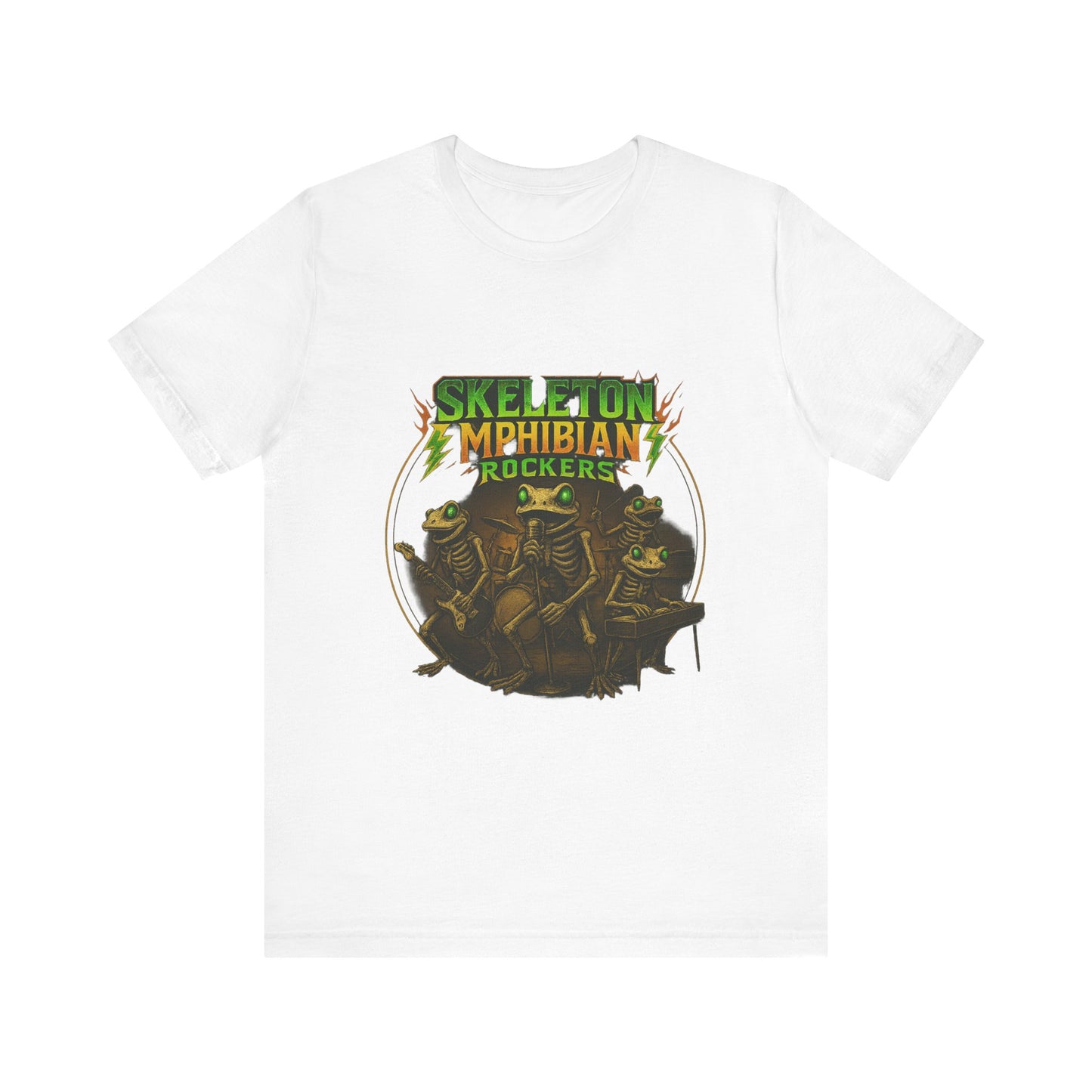 Skeleton Amphibian Rockers Album Cover Tee - Green Eyed Skeleton Frog Band Vocal Guitar Piano Drums Rock Art Shirt