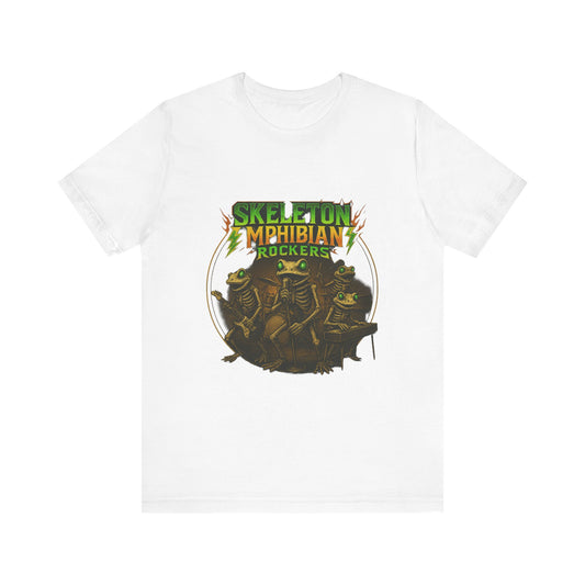 Skeleton Amphibian Rockers Album Cover Tee - Green Eyed Skeleton Frog Band Vocal Guitar Piano Drums Rock Art Shirt