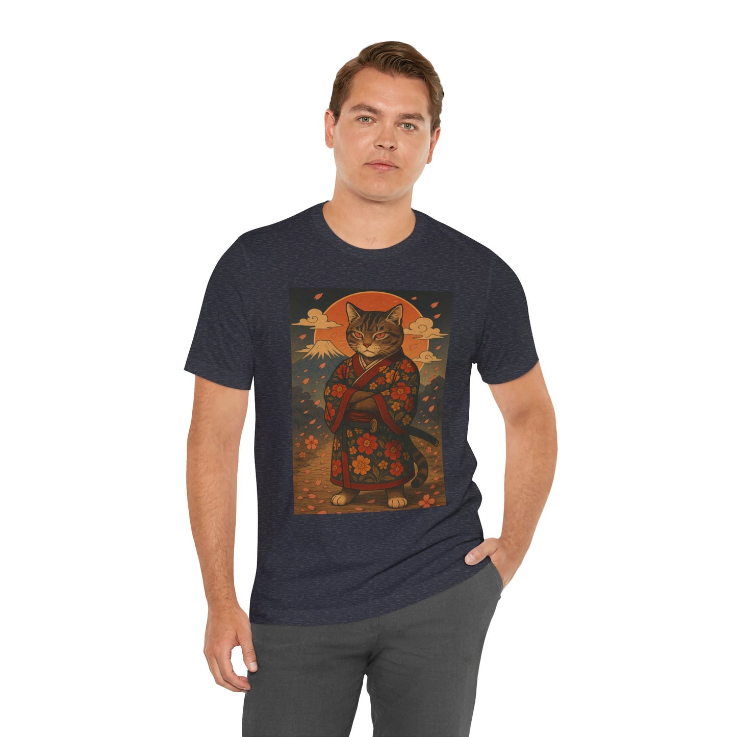 Samurai Cat T-Shirt - Floral Kimono Warrior with Katana | Japanese Ukiyo-e Style, Cherry Blossoms & Mount Fuji | Bold Cat Art Tee
