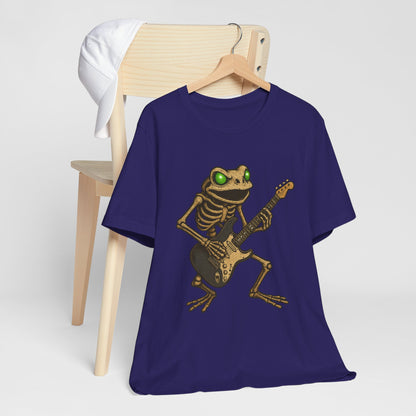 Skeleton Frog Shredding Electric Guitar Tee - Glowing Green Eyes Rock Art Shirt for Musicians Frog Lovers and Gothic Punk Style