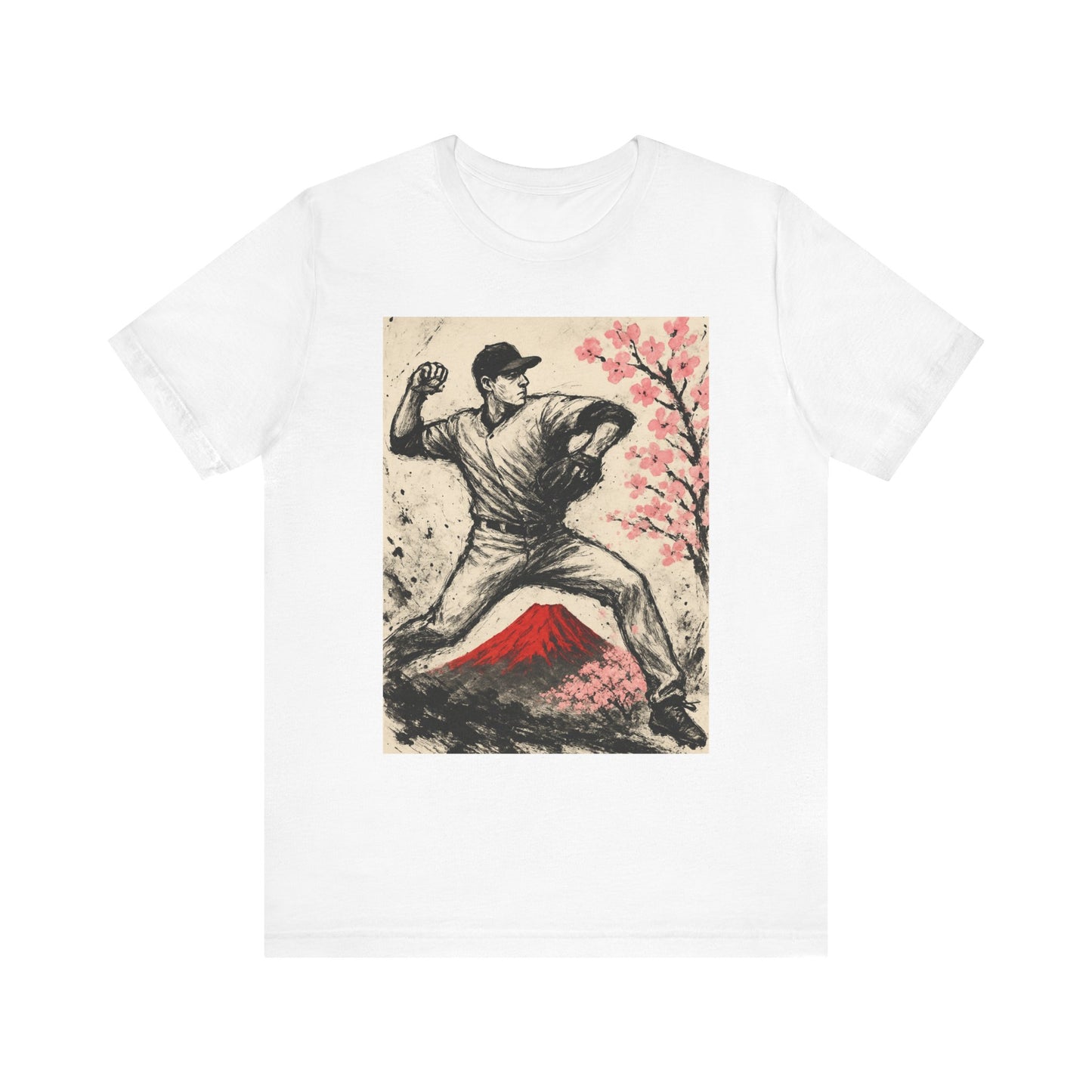Pro Baseball Pitcher Sumi Ink Art Shirt Fuji Sakura Retro Japanese Print Windup Fastball Tee Japan Inspired Sports Art Gift for Dad