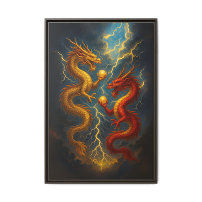 Golden and Red Twin Dragons Canvas Feng Shui Wall Art Lightning Storm Dragon Pearl Good Luck Decor Gift for Dad Living Room