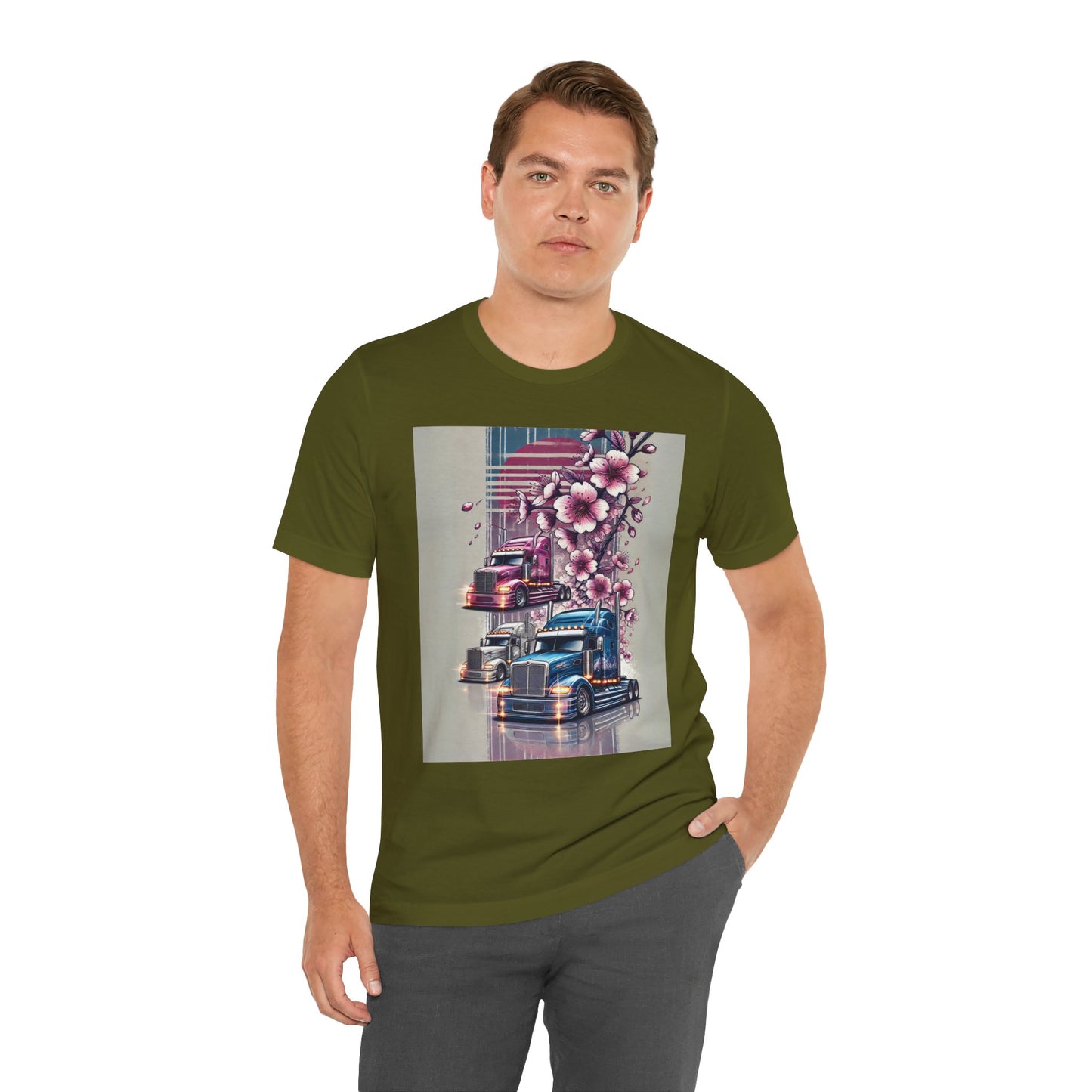 Cherry Blossom Convoy T-Shirt | Japanese Sakura x Modern Truck Art | Unique Graphic Tee for Drivers & Streetwear Lovers No.004
