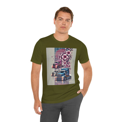 Cherry Blossom Convoy T-Shirt | Japanese Sakura x Modern Truck Art | Unique Graphic Tee for Drivers & Streetwear Lovers No.004