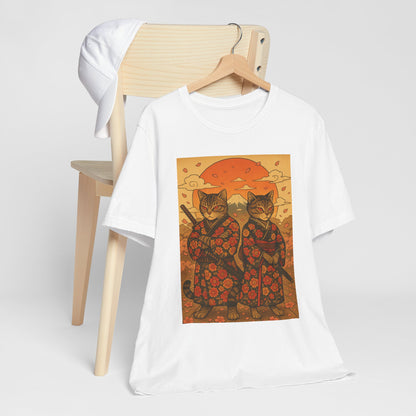 Samurai Cat T-Shirt - Floral Kimono Warrior with Katana | Japanese Ukiyo-e Style, Cherry Blossoms & Mount Fuji | Bold Cat Art Tee